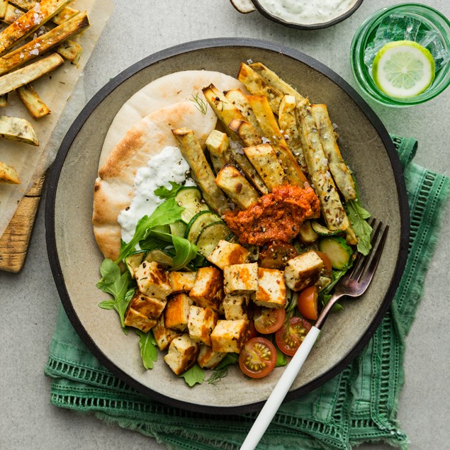 Greek Haloumi Souvlaki Bowls with Kumara Chips & Tzatziki