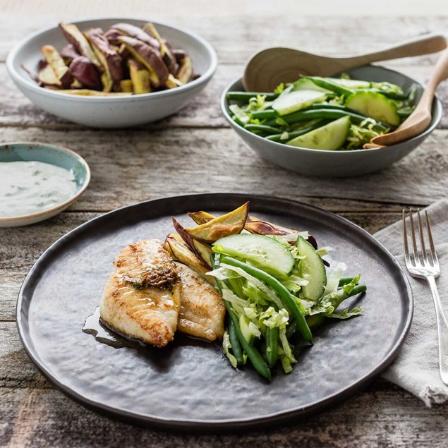 Garlic and Herb Fish with Kumara Chips and Bean Salad