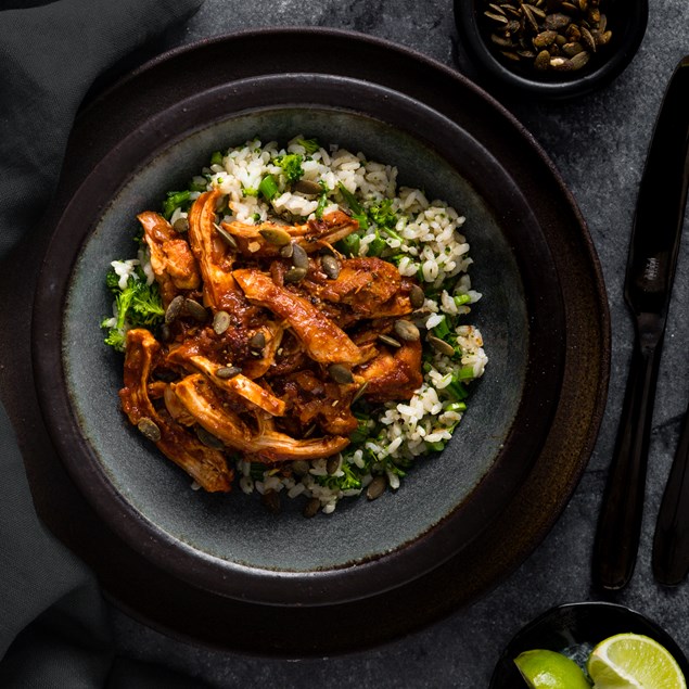 Pulled Chicken Mole with Broccolini & Micro Coriander