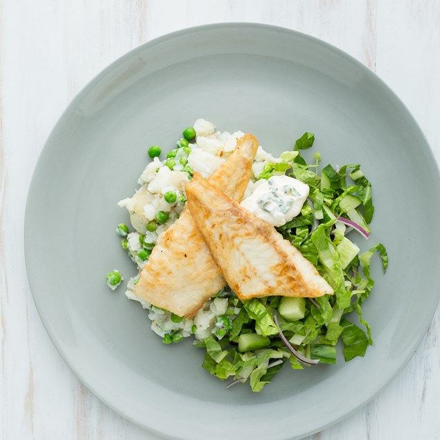 Fish with Green Pea Potato Smash and Basil Mayonnaise