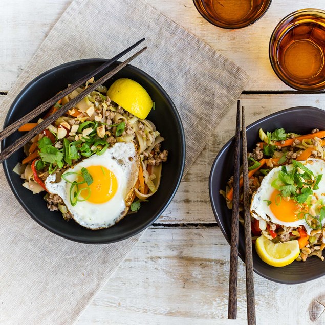 Pork and Vegetable Noodle Stir-Fry with Fried Eggs