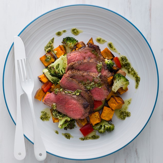 Beef Rump Steaks with Roast Vegetable Salad and Pesto