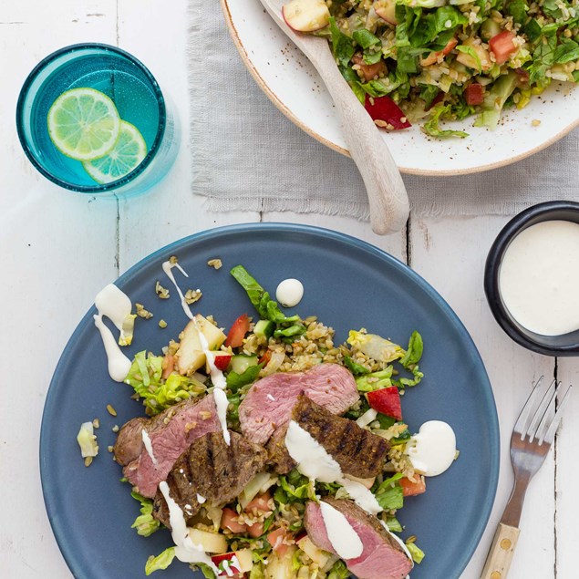 Ras El Hanout Lamb with Freekeh Salad and Tahini Sour Cream