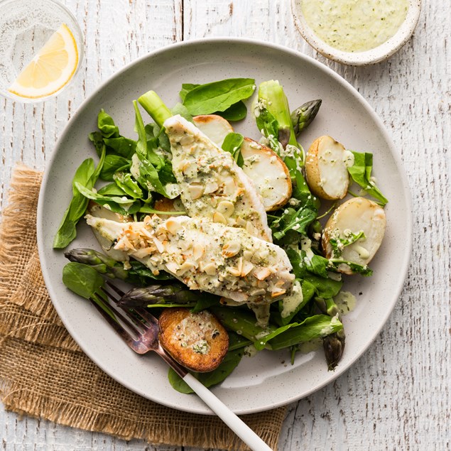 Baked Pesto Fish with Spring Roast Potato Salad