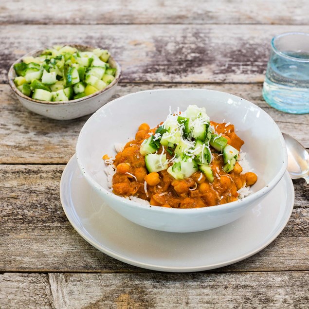 Roast Pumpkin and Chickpea Madras Curry with Kiwifruit and Cucumber Salsa and Coconut Rice
