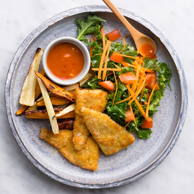 Crumbed Fish with Spicy Capsicum Relish & Kumara