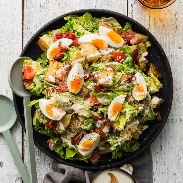 Bacon & Egg Caesar Salad with Crispy Potatoes & Avocado
