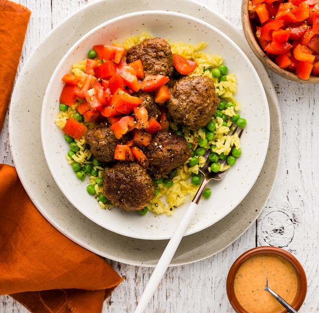 Spanish Beef Meatballs with Saffron Rice & Spanish Aioli