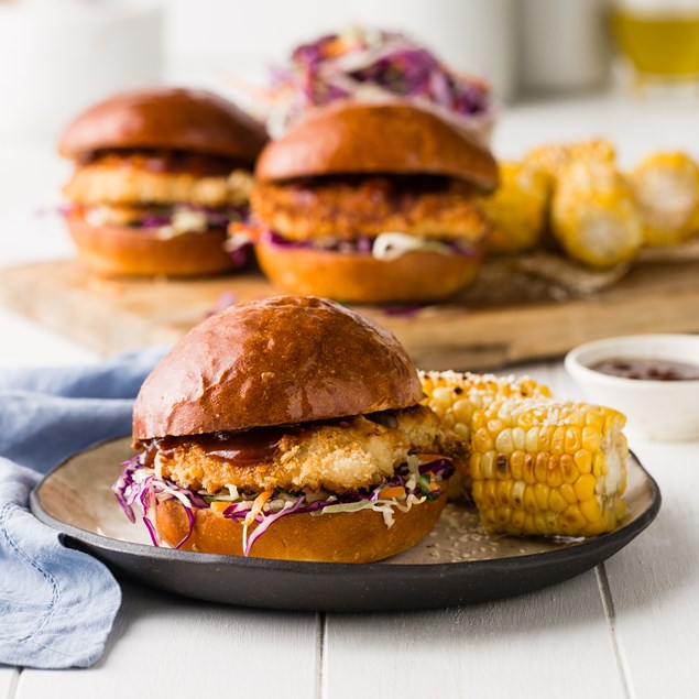 Pork Katsu Burger with Slaw & Sesame Corn Cobs