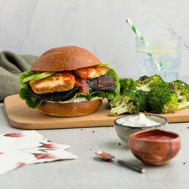 Haloumi & Portobello Mushroom Burgers with Herb Aioli & Tomato Jam