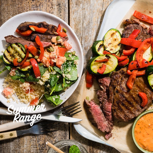 Bloody Mary Seasoned Beef Steaks  with Grilled Veggies