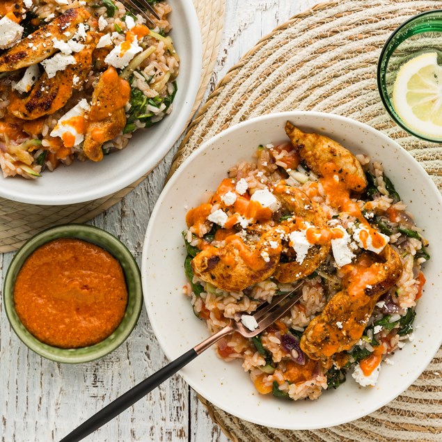 Spanish Chicken Risotto with Romesco Sauce & Feta Cheese