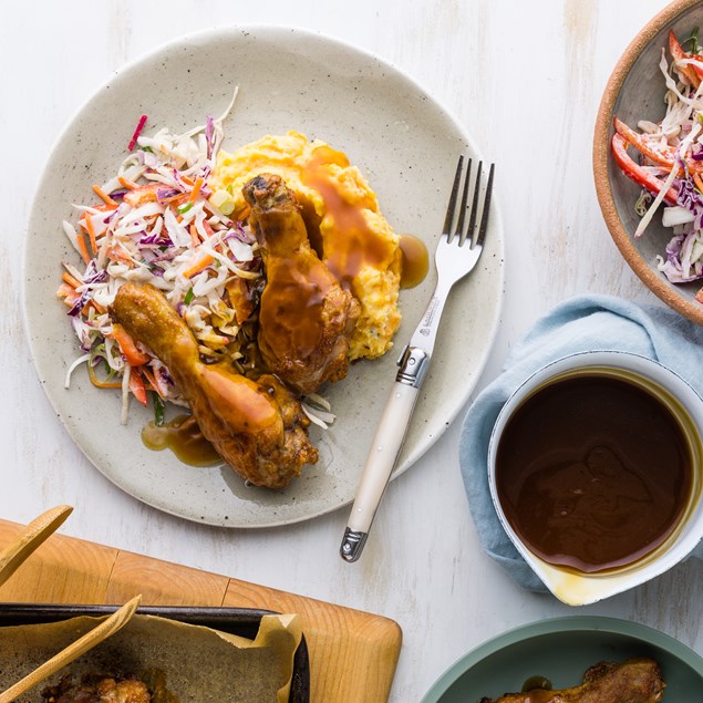 Southern Baked Chicken Drums with Mash, Slaw & Gravy