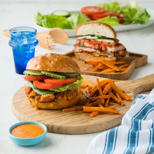 Smoky Fried Chicken Burgers with Carrot Chippies & Special Sauce
