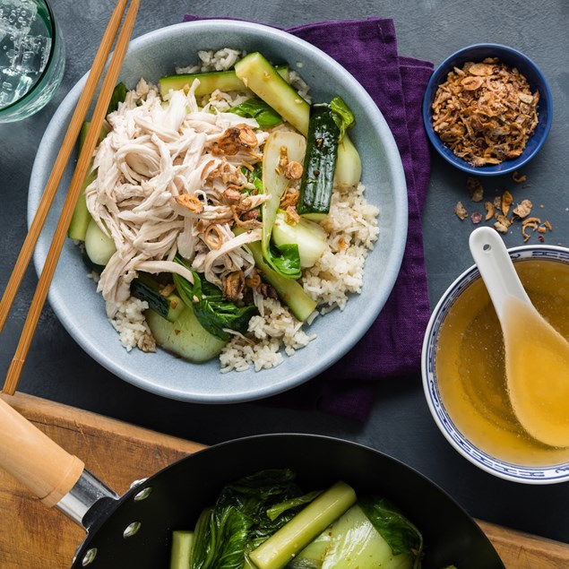 Ginger Poached Chicken with Garlic Rice & Bok Choy Stir-Fry
