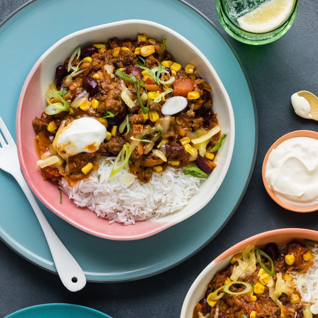 Cheesy Beef Chilli Rice Bowls with Sour Cream