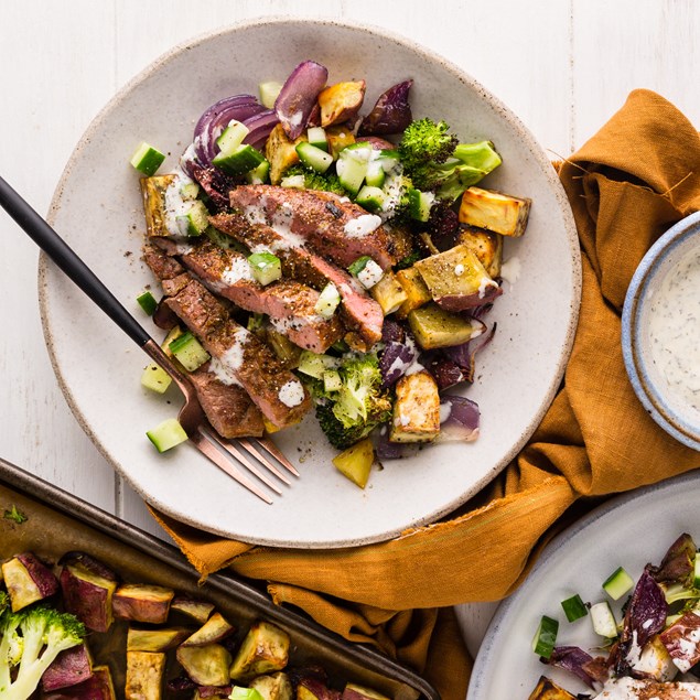 Greek Spiced Lamb with Roasted Kumara Salad & Tzatziki