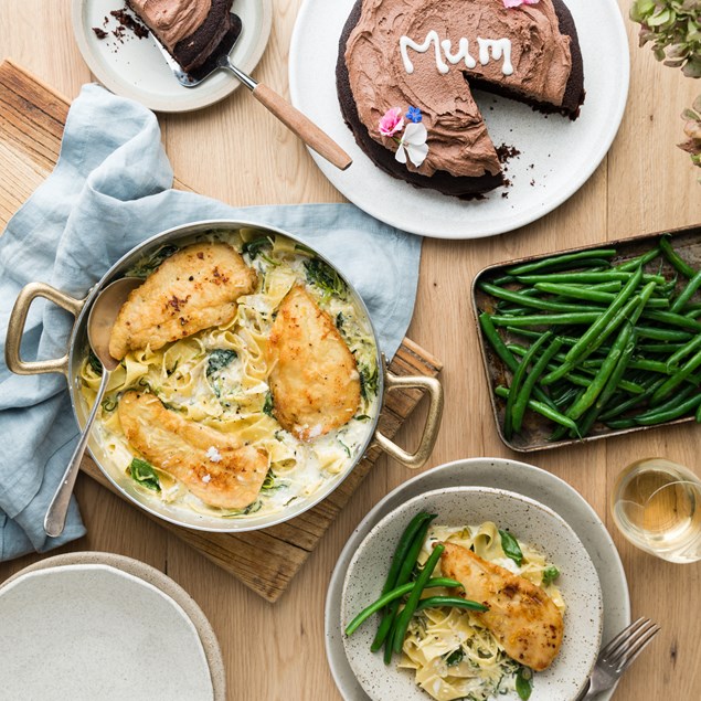 Mother's Day Creamy Lemon Parmesan Chicken with Fresh Pappardelle & Green Beans