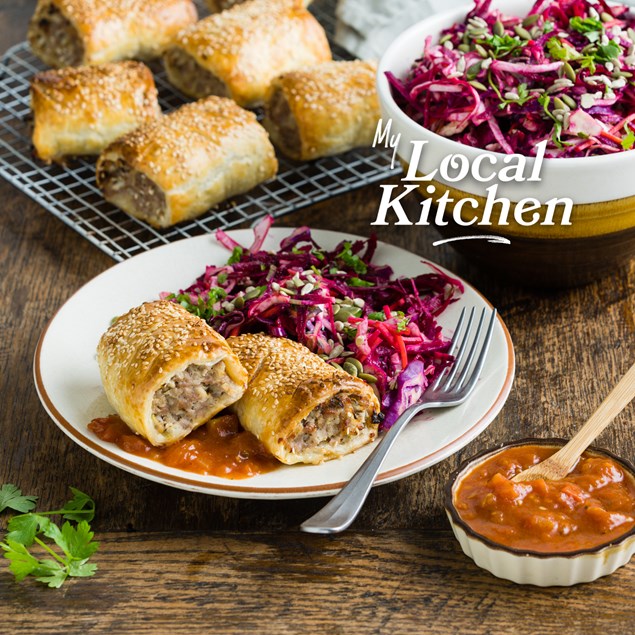 Kiwi As Pork Sausie Rolls with Super Seed Slaw