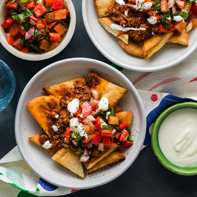 Greek Style Lamb Nachos with Garlic Pita Chips & Yoghurt