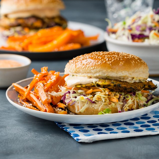 Thai Style Chicken Burgers with Carrot Chips & Peanut Slaw