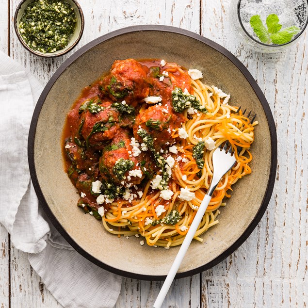 Saucy Beef Meatballs with Carrot Ribbons & Basil Pesto