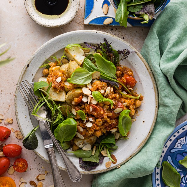 Sicilian Cauliflower Caponata with Rosemary Roasties & Tomato Pesto