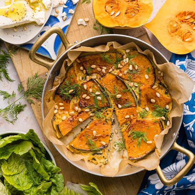 Pumpkin Topped Spanakopita Bake with Feta & Pine Nuts