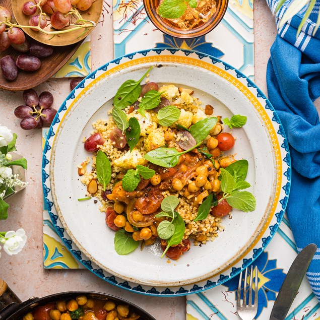 Moroccan Saffron Chickpea Tagine with Grapes & Almond Tabbouleh