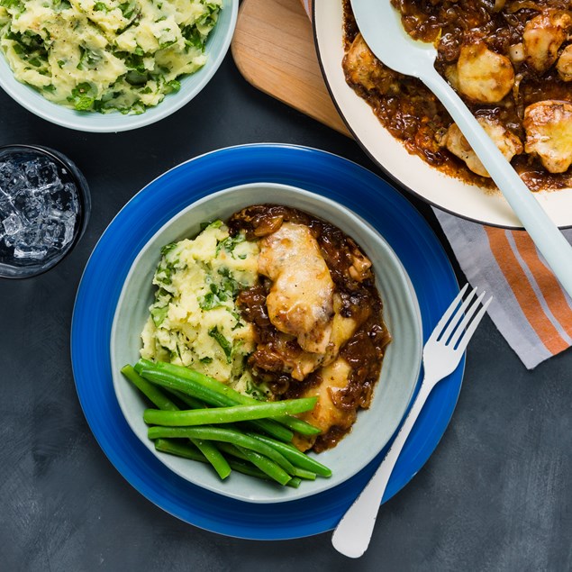French Onion Chicken with Mash & Green Beans