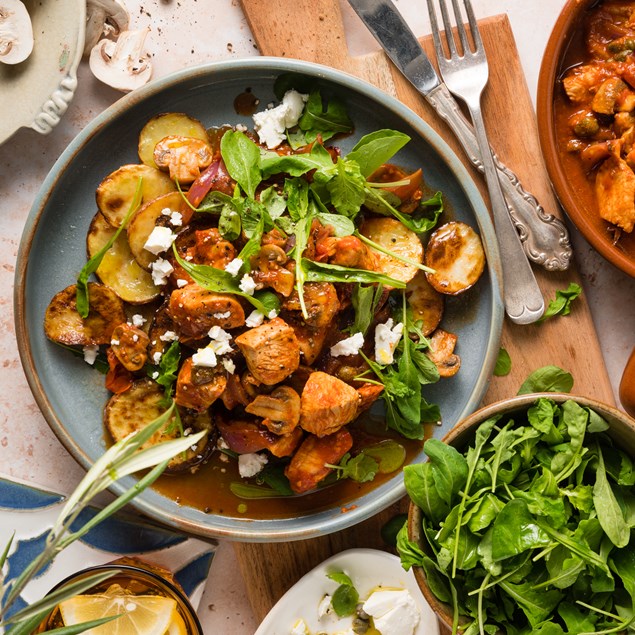 Spanish Tomato Caper Chicken with Roasted Potatoes