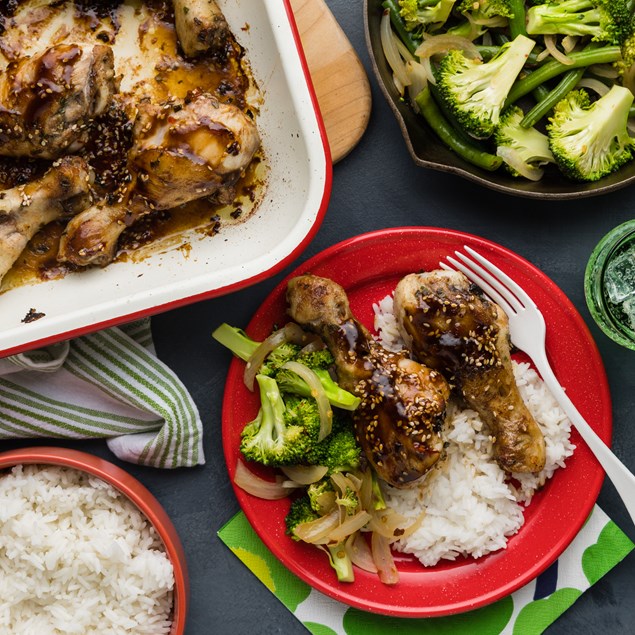 Sticky Roasted Chicken Drums with Garlic Chilli Greens