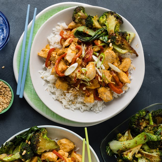 Korean Style Chicken Bowl with Stir-Fry Greens & Peanuts