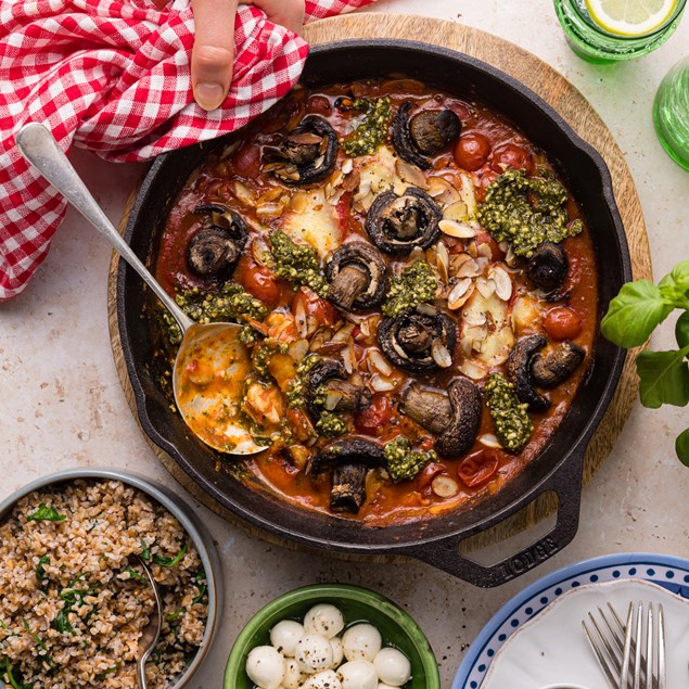 Italian Mozzarella Mushroom Bake with Green Farro & Basil Pesto