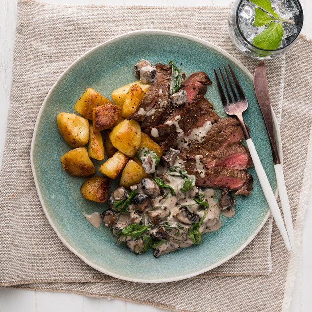 15-Minute Beef Sirloin Steaks with Creamy Mushrooms & Roast Potatoes
