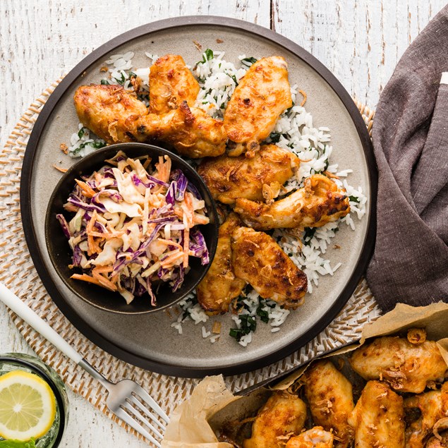 Sticky Thai Chicken Nibbles with Slaw & Coconut Rice