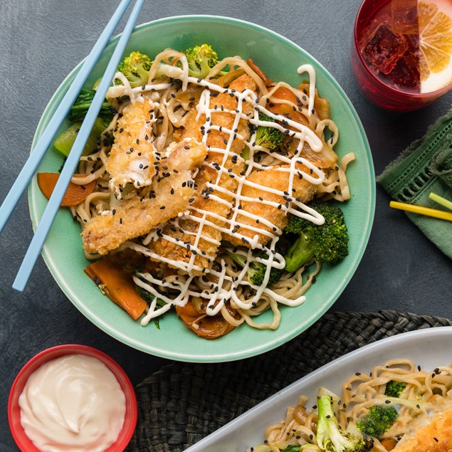 Crispy Crumbed Fish Yakisoba with Sesame Mayo