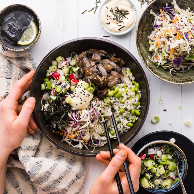 Miso Mushroom Donburi with Quick Pickled Cucumber & Japanese Mayo