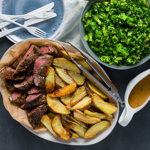 Smoky BBQ Beef Steaks with Wedges and Garlicky Broccoli