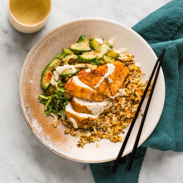 Korean Style Chicken Bowl with Quick Cucumber Kimchi & Sesame Mayo