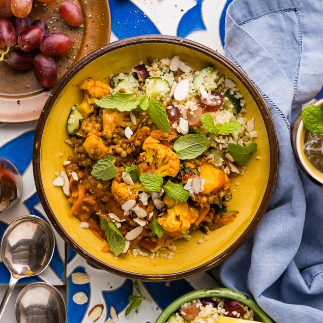 Lentil & Cauliflower Tagine with Grape Tabbouleh & Feta