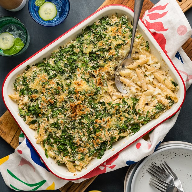 Creamy Penne Pasta with Cheesy Basil Crumb