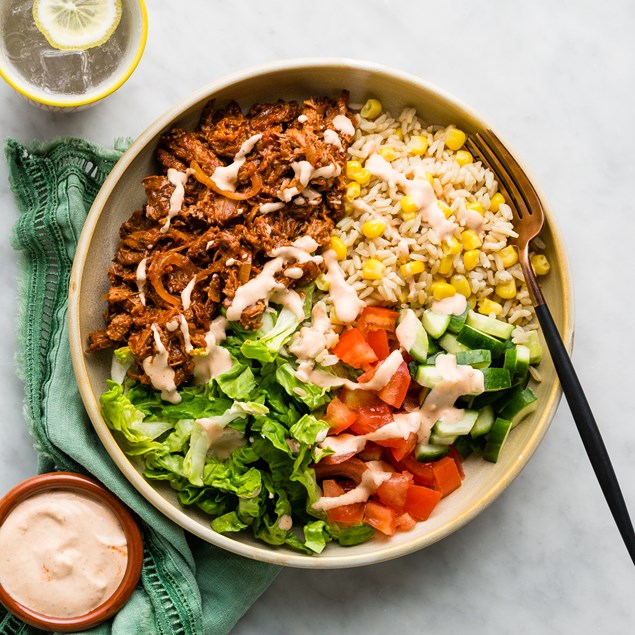 Pulled Beef Burrito Bowl with Chipotle Sour Cream