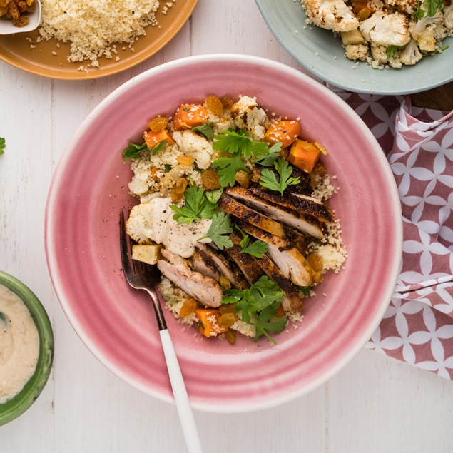 Shawarma Marinated Chicken with Roasted Veggie Couscous & Hummus