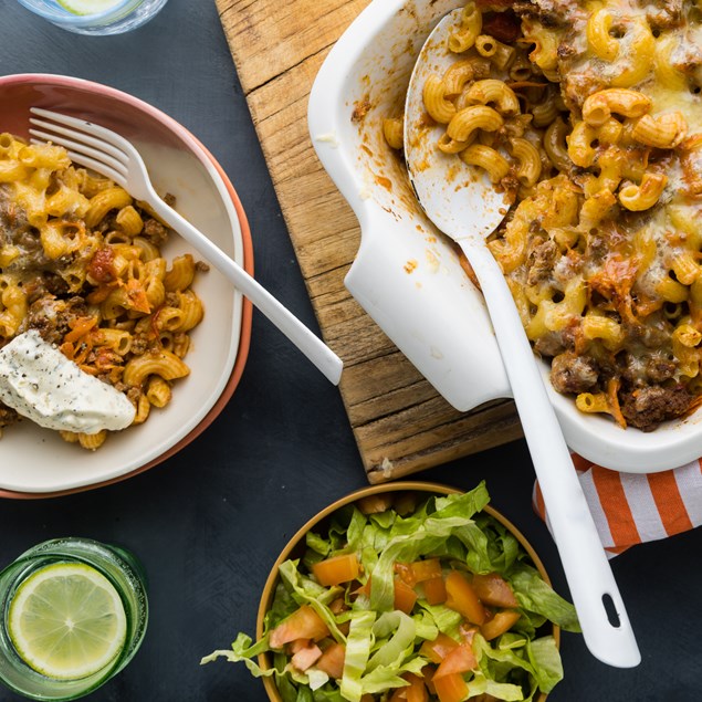 Beef & Cheeseburger Pasta Bake with Pickle Sour Cream