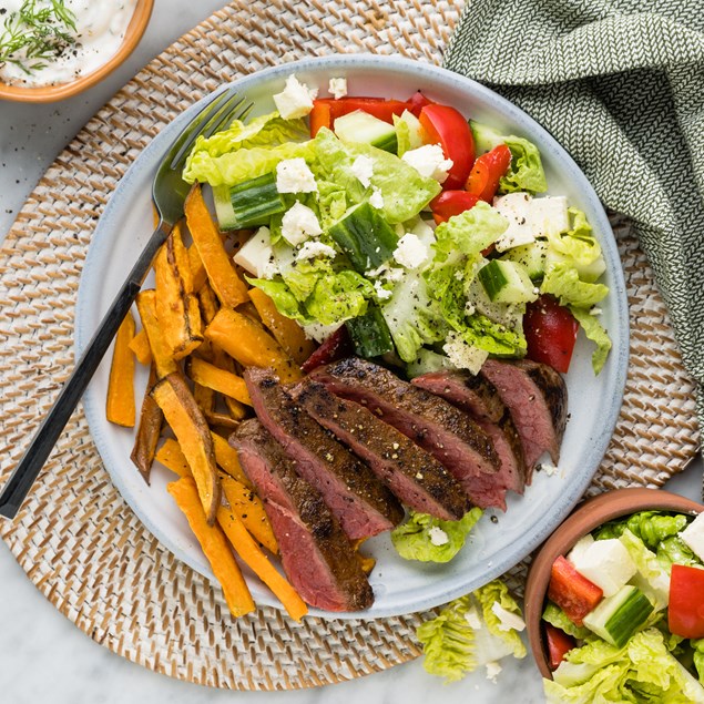 Beef Rump Steaks with Dill Yoghurt & Kumara Chips