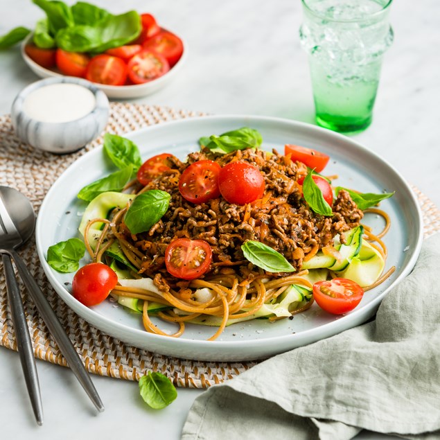 Beef Spaghetti Bolognese with Fresh Tomatoes & Garlic Cream