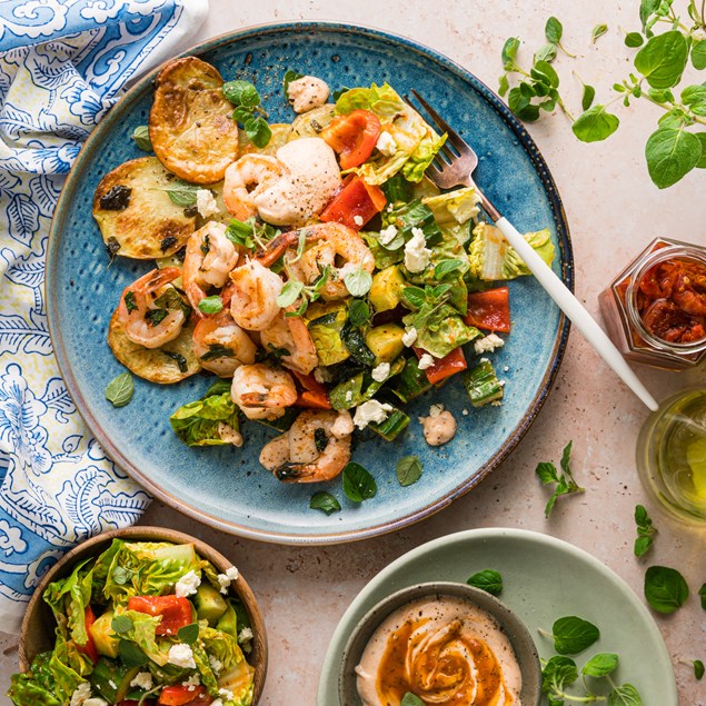 Sundried Tomato Prawns with Chopped Salad & Thyme Roast Potatoes