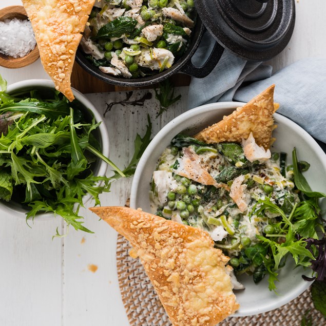 Creamy Spring Smoked Fish with Crunchy Parmesan Pastry Puffs