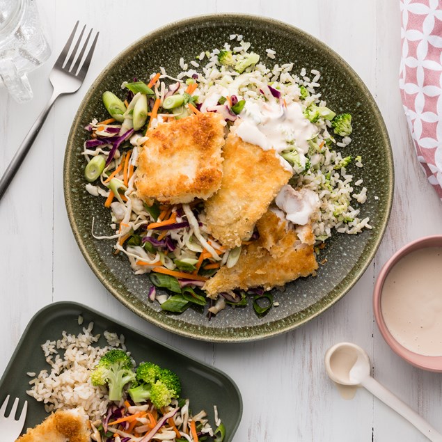 Crispy Fish Katsu with Slaw & Ponzu Mayo